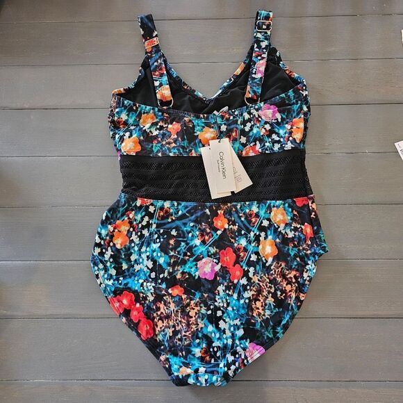 Calvin Klein Women's Floral Poppy Mesh Inset Panel One Piece Swimsuit Size 14 - Picture 3 of 11